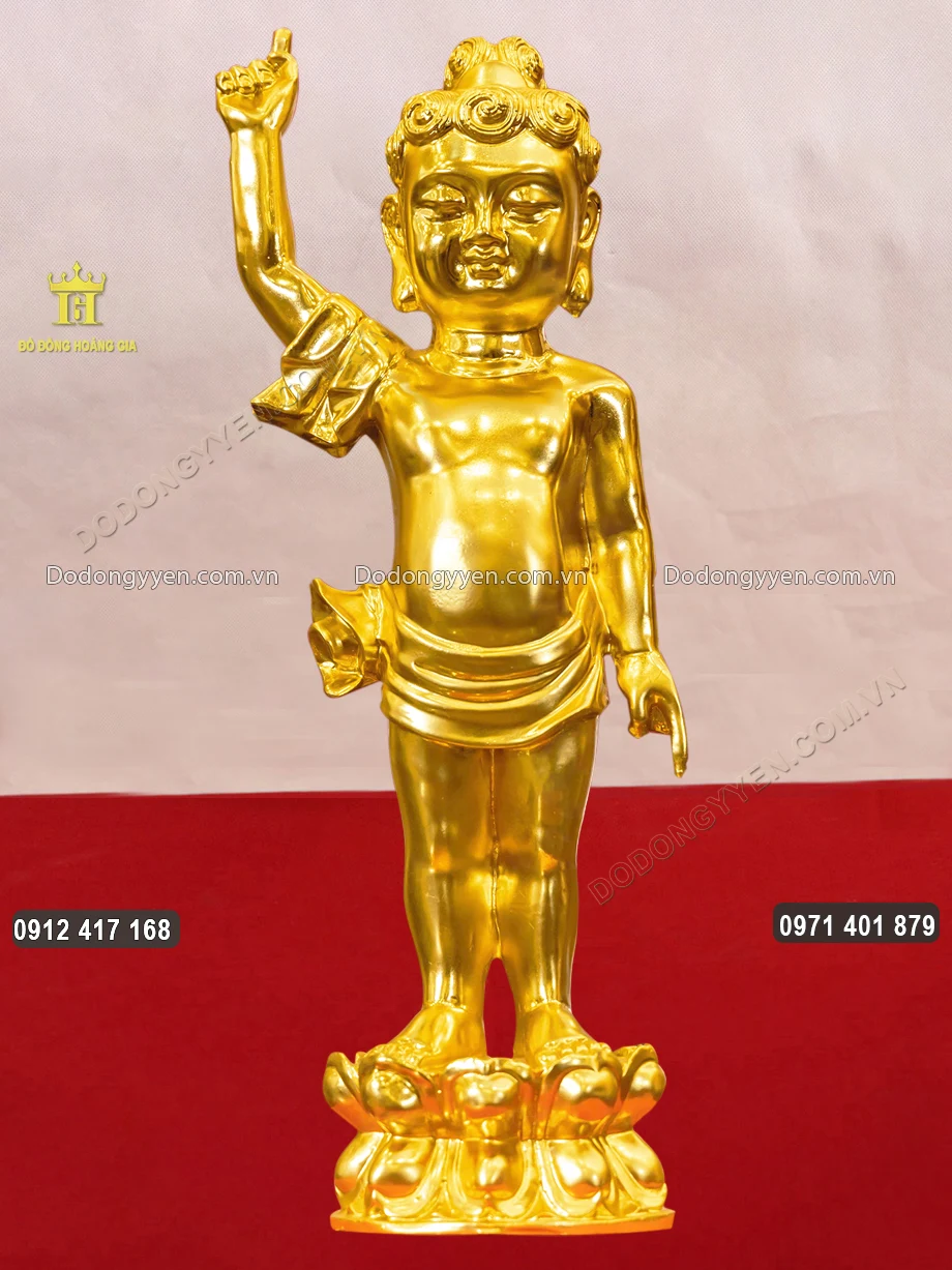 Tượng Phật Đản Sinh Bằng Đồng Đỏ Thếp V&agrave;ng 9999 Cao 81Cm